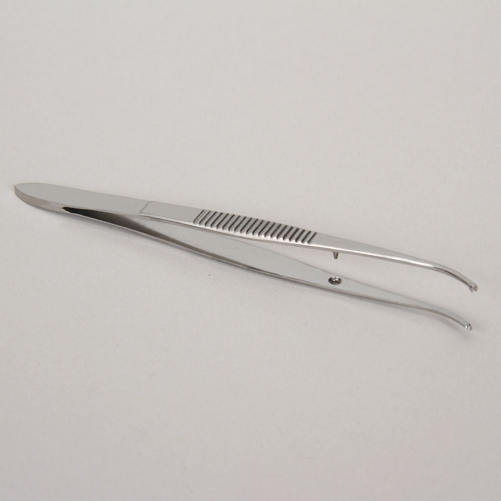 Fine Tissue Forceps, Stainless Steel, 1 x 2 Teeth, Curved, 4 in