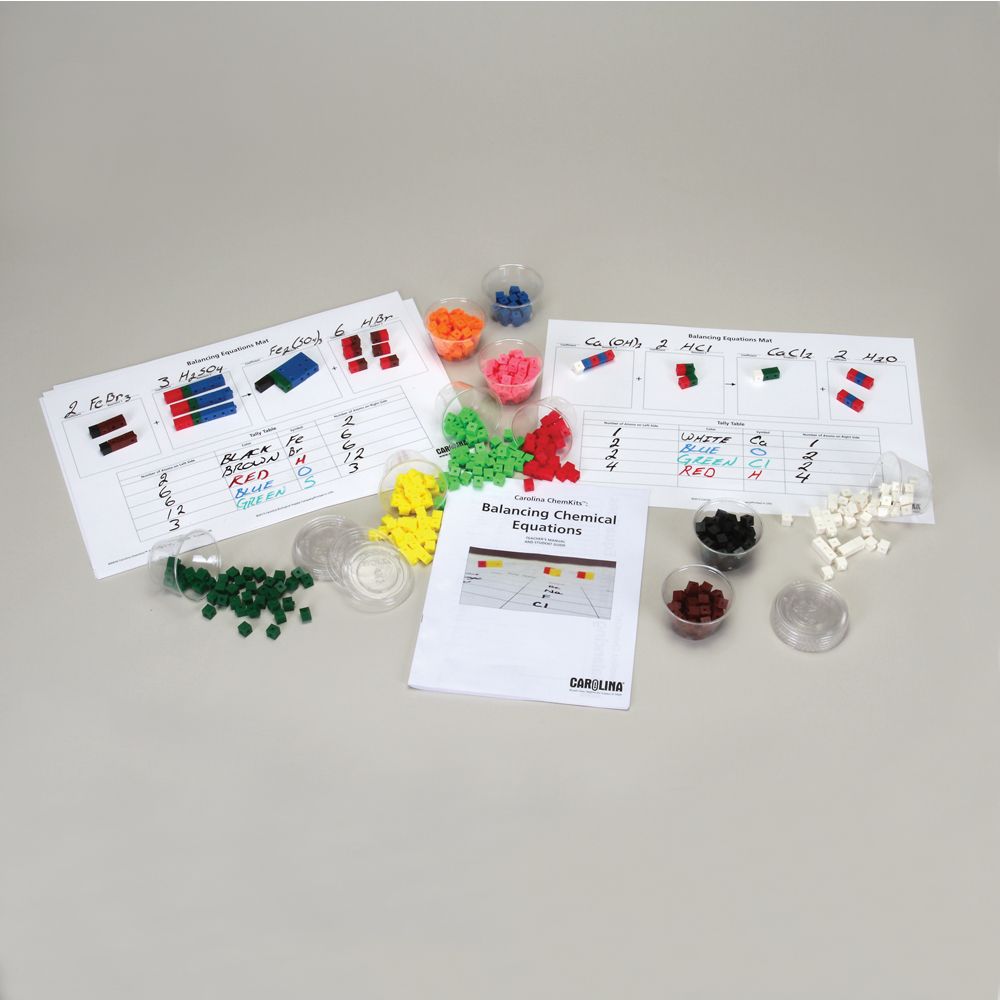 Students use colorful manipulatives and a unique balancing equations mat to understand the Law of Conservation of Mass and to visualize the number of atoms participating in each side of a chemical reaction.