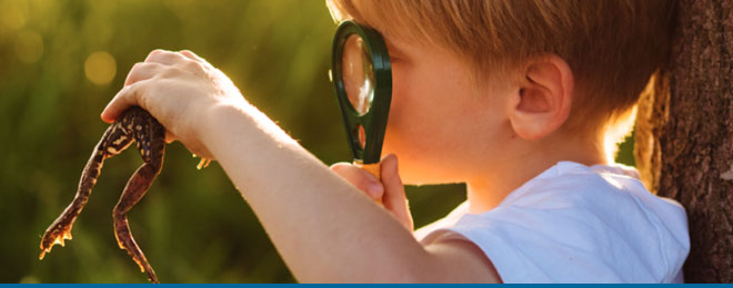 young boy holding a frog and a magnifying glass