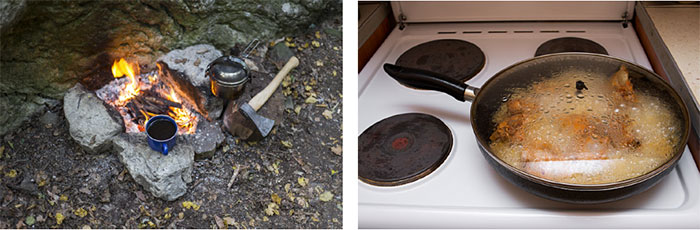 cooking on a campfire and cooking on an electric stove