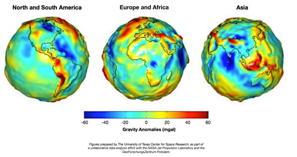 illustration showing gravity anomalies of North and South America, Europe and Africa and Asia