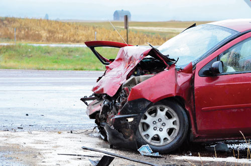 Red Wrecked Car With Smashed Crunched Nose