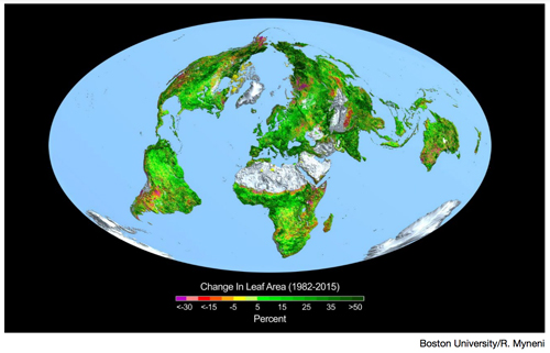 global map showing percent change in the amount of leaf area worldwide from 1982 to 2015