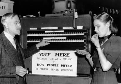 Albert Blakeslee using a voting machine to tabulate results of taste tests at the AAAS Convention, 1938. (Courtesy Cold Spring Harbor Laboratory Research Archives)